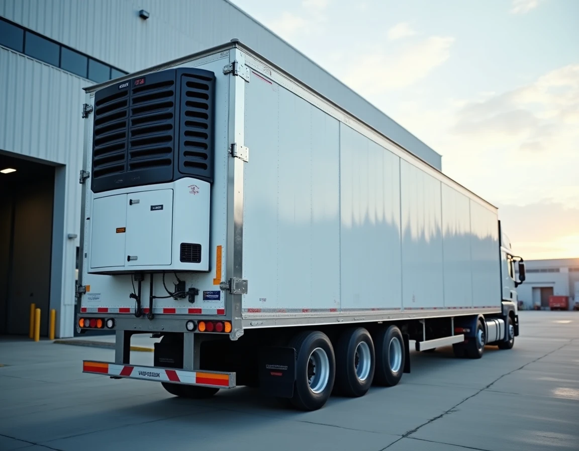 Remorque frigorifique professionnelle garée à un quai de chargement logistique avec portes en acier inoxydable entrouvertes