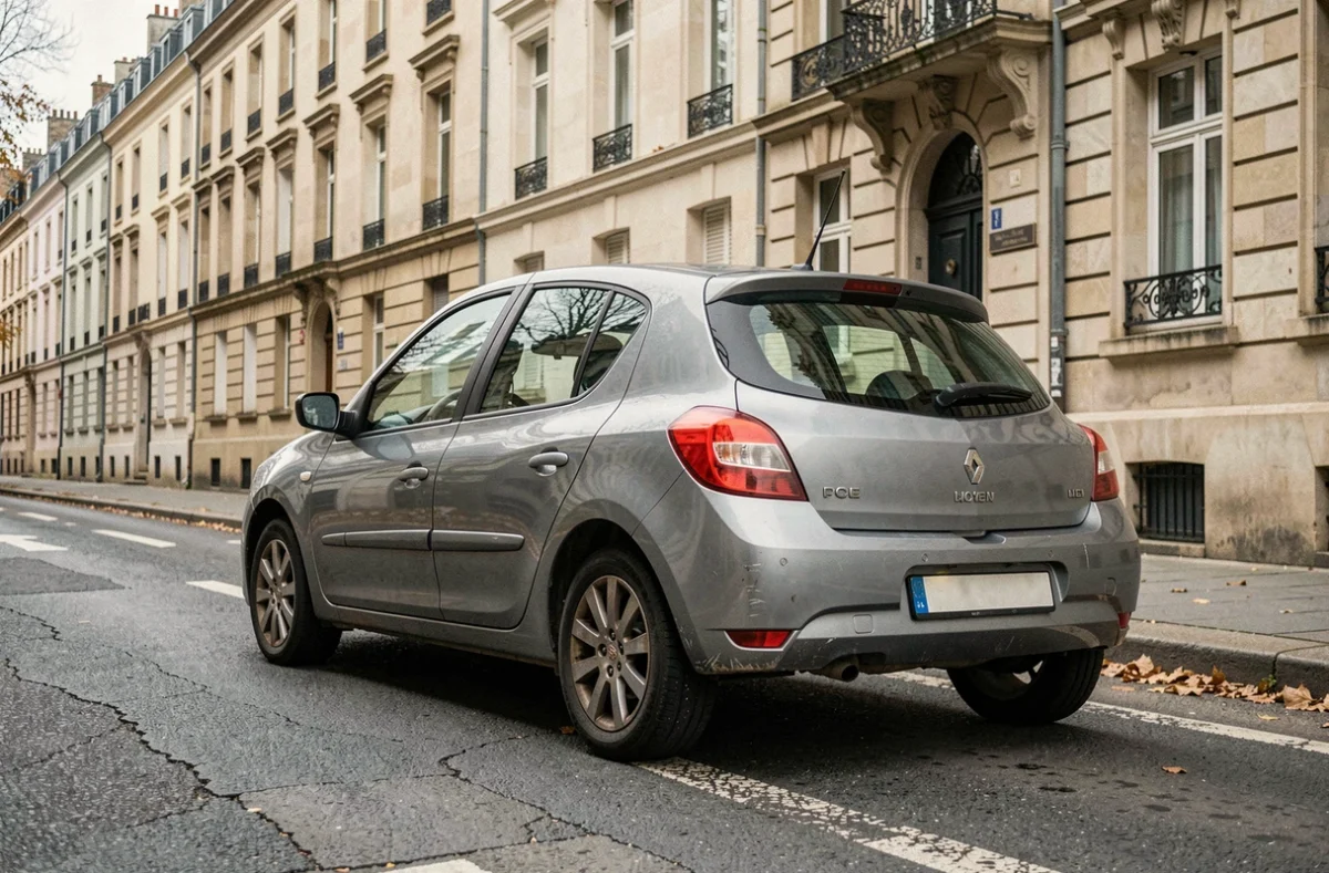 Renault Clio d'occasion garée dans une rue française illustrant l'achat de véhicule d'occasion