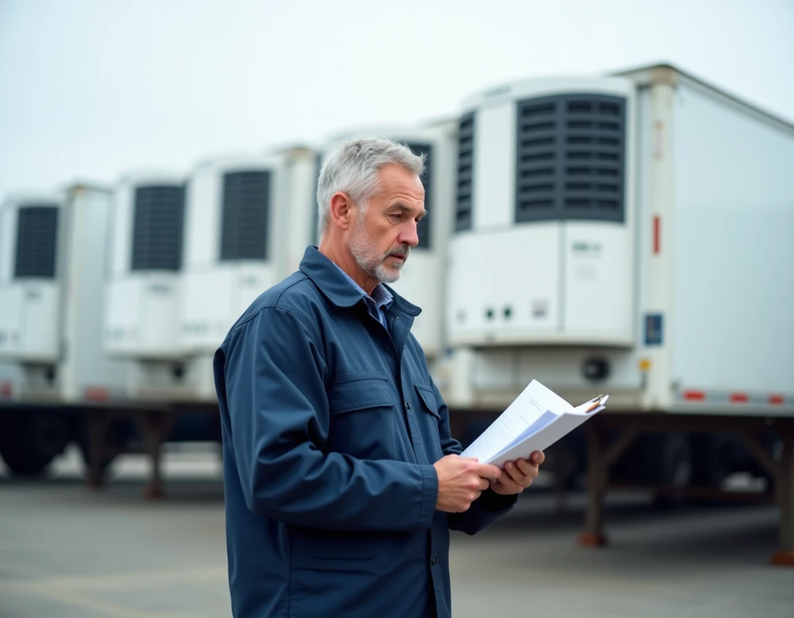 Responsable logistique inspectant des documents devant une flotte de remorques frigorifiques dans un parc de camions