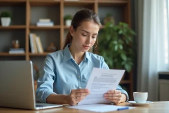 Jeune femme consultant les résultats de son examen du permis de conduire sur un document officiel à son bureau à domicile