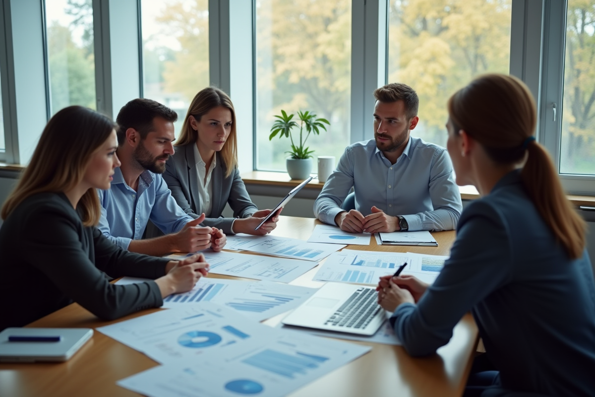 Groupe de professionnels discutant de graphiques et calculs en réunion