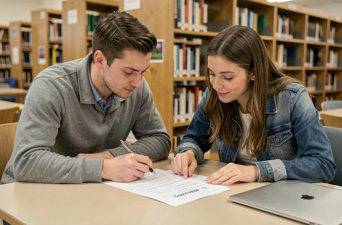 Deux jeunes adultes révisant ensemble les questions du permis de conduire 2026 sur des feuilles imprimées dans une bibliothèque