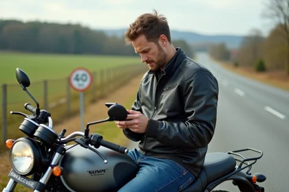Homme en moto utilisant son smartphone dans un paysage rural