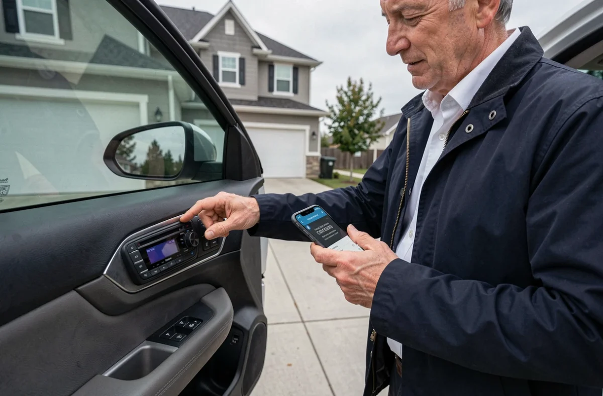 Homme entrant le code autoradio sur le panneau de sa voiture en consultant son smartphone dans une allée résidentielle