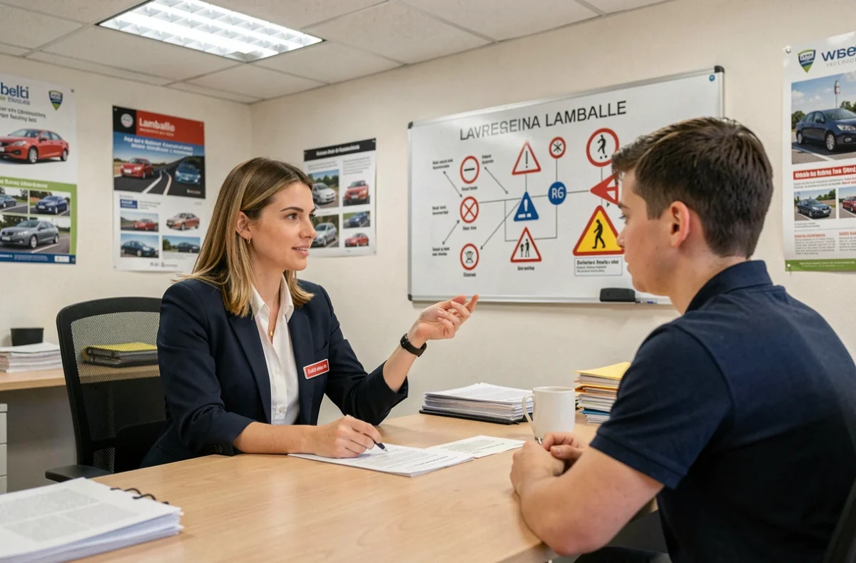Monitrice de la SARL Lamballaise expliquant le code de la route à un élève dans les locaux de l'auto-école à Lamballe