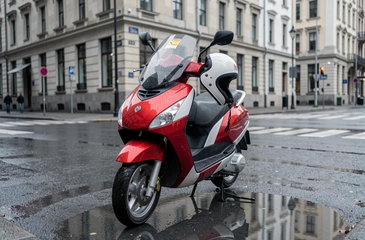 Scooter rouge garé dans la rue sous la pluie avec un autocollant d'assurance visible sur le pare-brise
