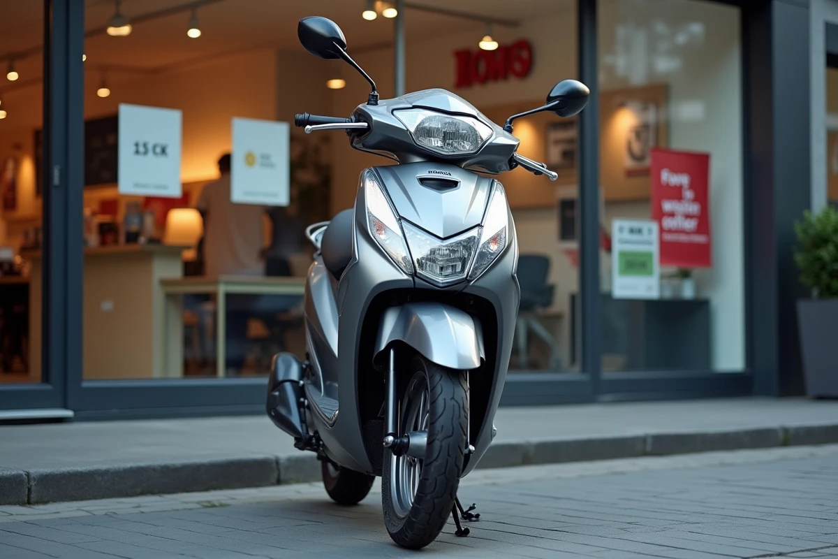 Scooter Honda 125 garé devant une concession moto avec des affiches de prix en arrière-plan