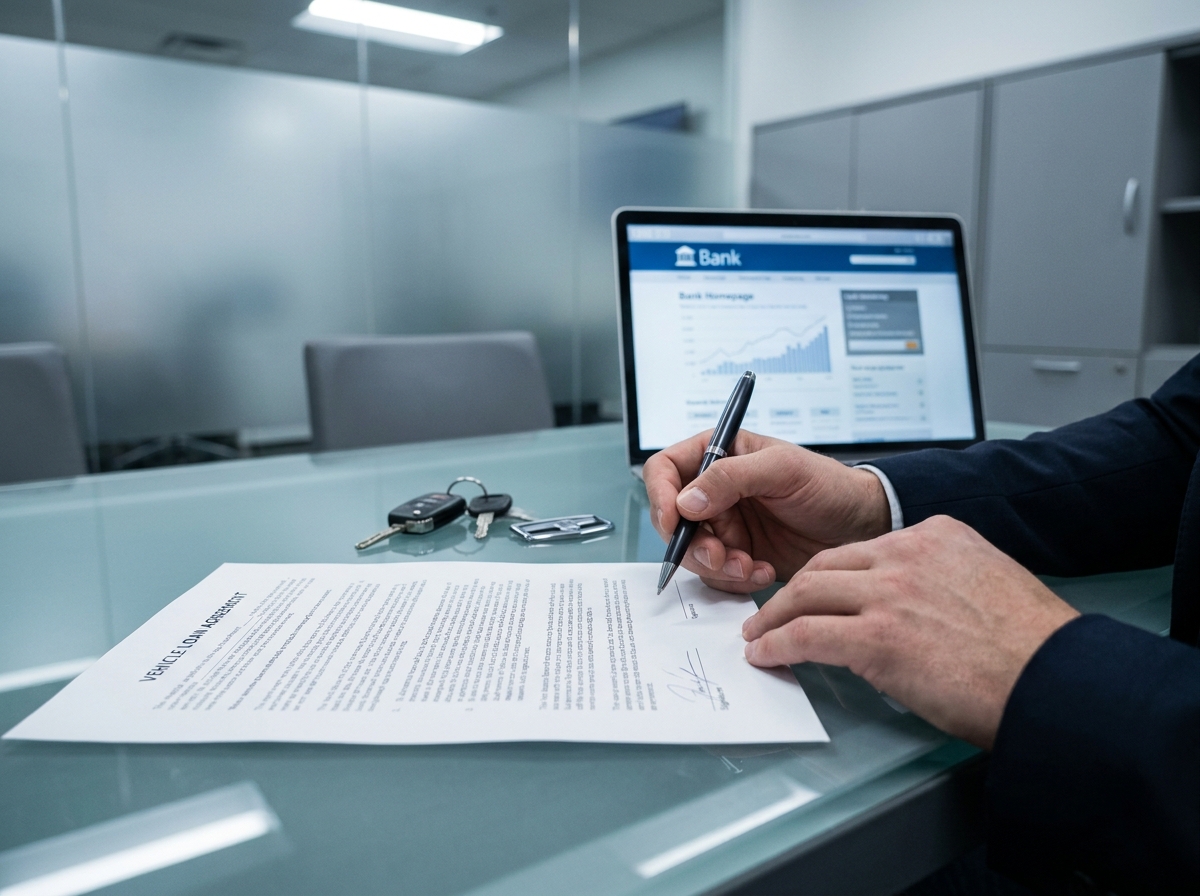 Mains signant un contrat de crédit auto avec des clés de voiture d'occasion posées sur le bureau