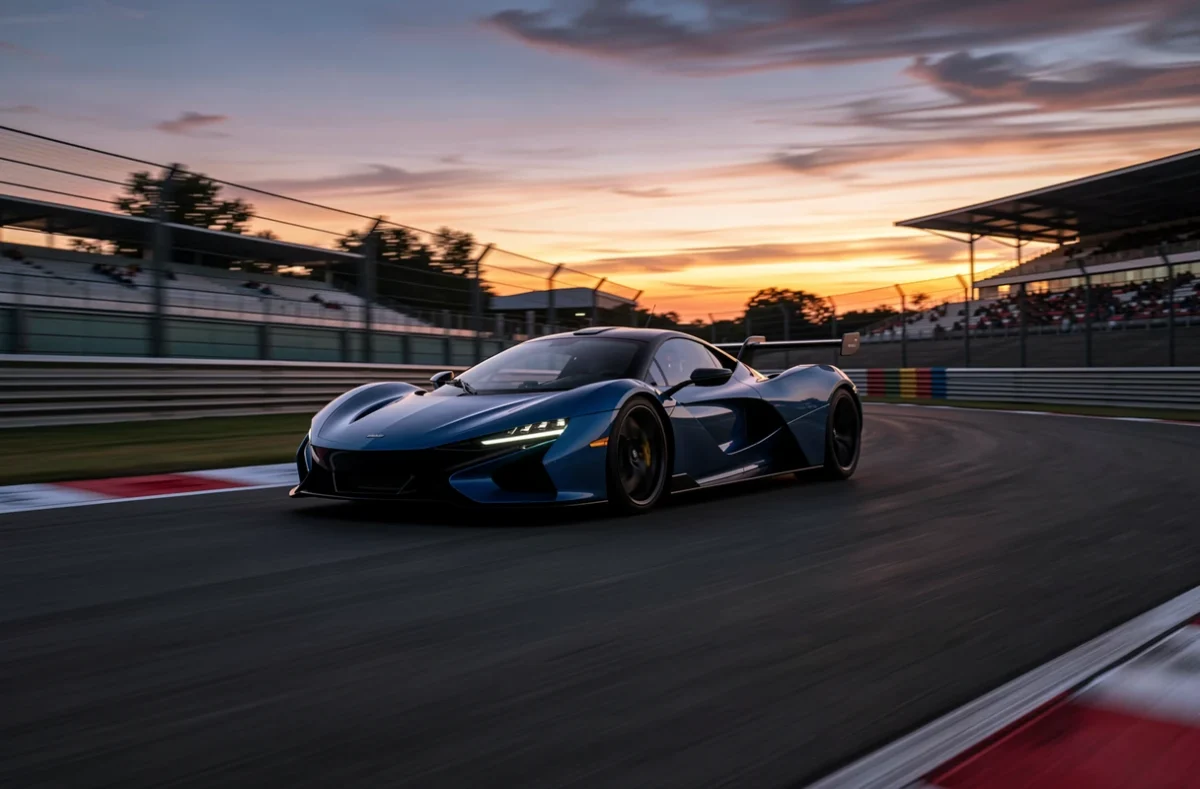 Silhouette d'une supercar électrique sur un circuit au crépuscule