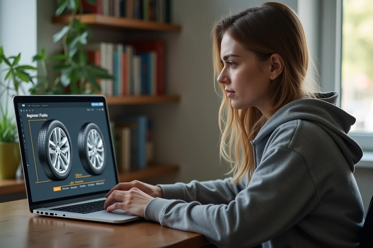 Femme utilisant un simulateur de dimensions de pneus en ligne sur ordinateur portable depuis son bureau à domicile