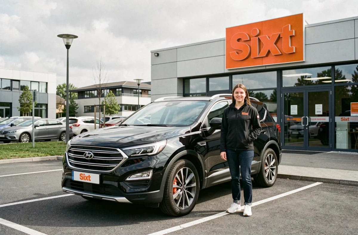 Agente Sixt Essonne devant un SUV premium dans le parking de l'agence