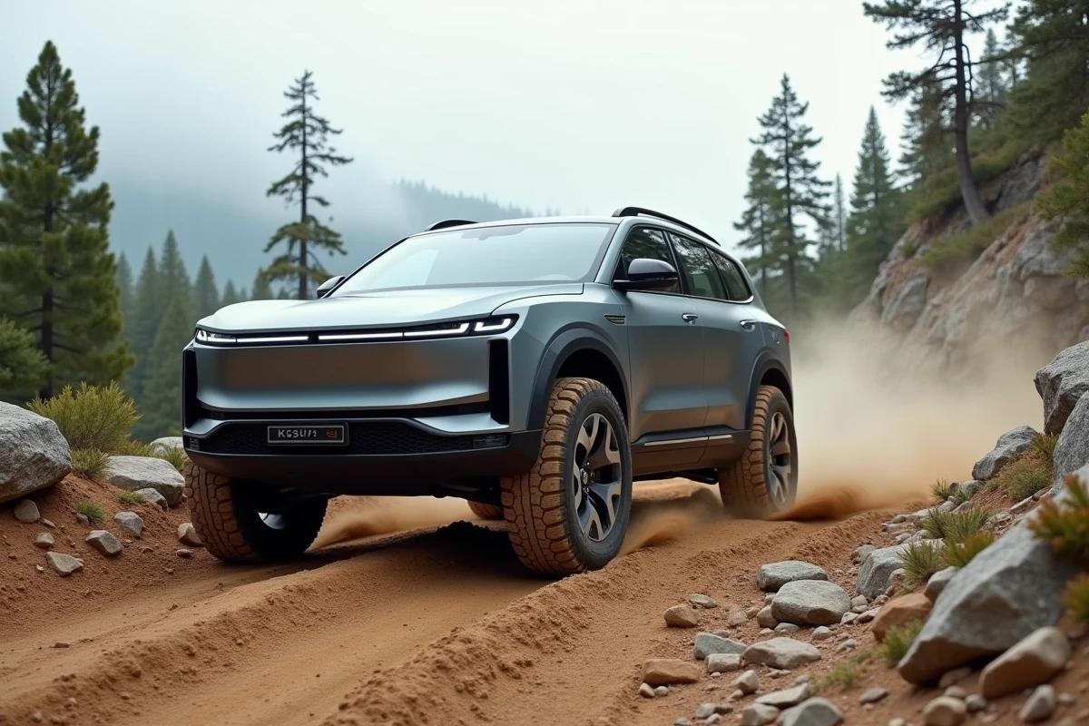 SUV électrique 4x4 premium en conduite hors route sur sentier montagneux rocailleux, garde au sol visible et carrosserie grise mate