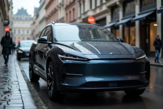 SUV électrique haut de gamme garé sur un boulevard urbain pluvieux, vue trois quarts avant sur carrosserie bleu marine brillante