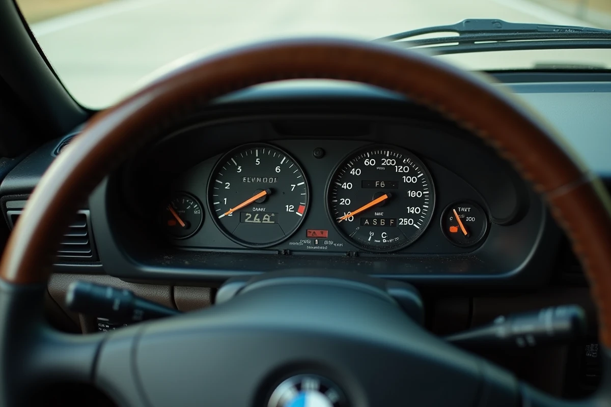 Tableau de bord intérieur d'une BMW E34 des années 1990 d'occasion, kilométrage et état général à vérifier