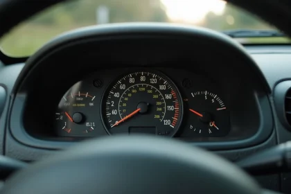 Tableau de bord d'une Renault Clio II avec compteurs analogiques et garniture plastique d'époque