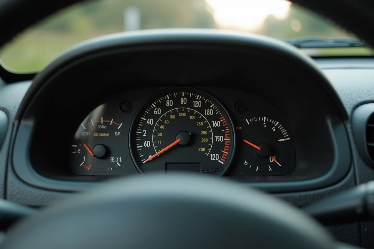Tableau de bord d'une Renault Clio II avec compteurs analogiques et garniture plastique d'époque