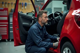 Technicien automobile examinant le système anti-démarrage sous le volant d'une Renault Clio 2 dans un garage indépendant