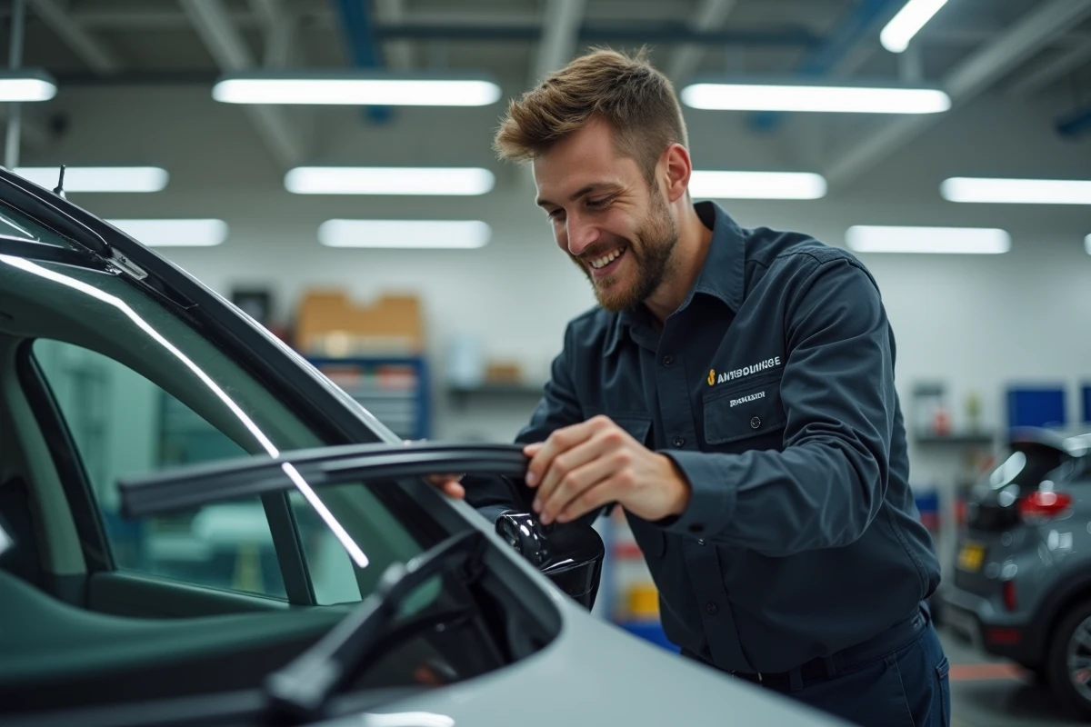 Technicien auto installant un essuie-glace sur une voiture