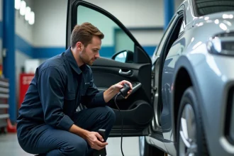 Technicien automobile branchant un lecteur de code OBD-II sous le tableau de bord d'un véhicule en atelier