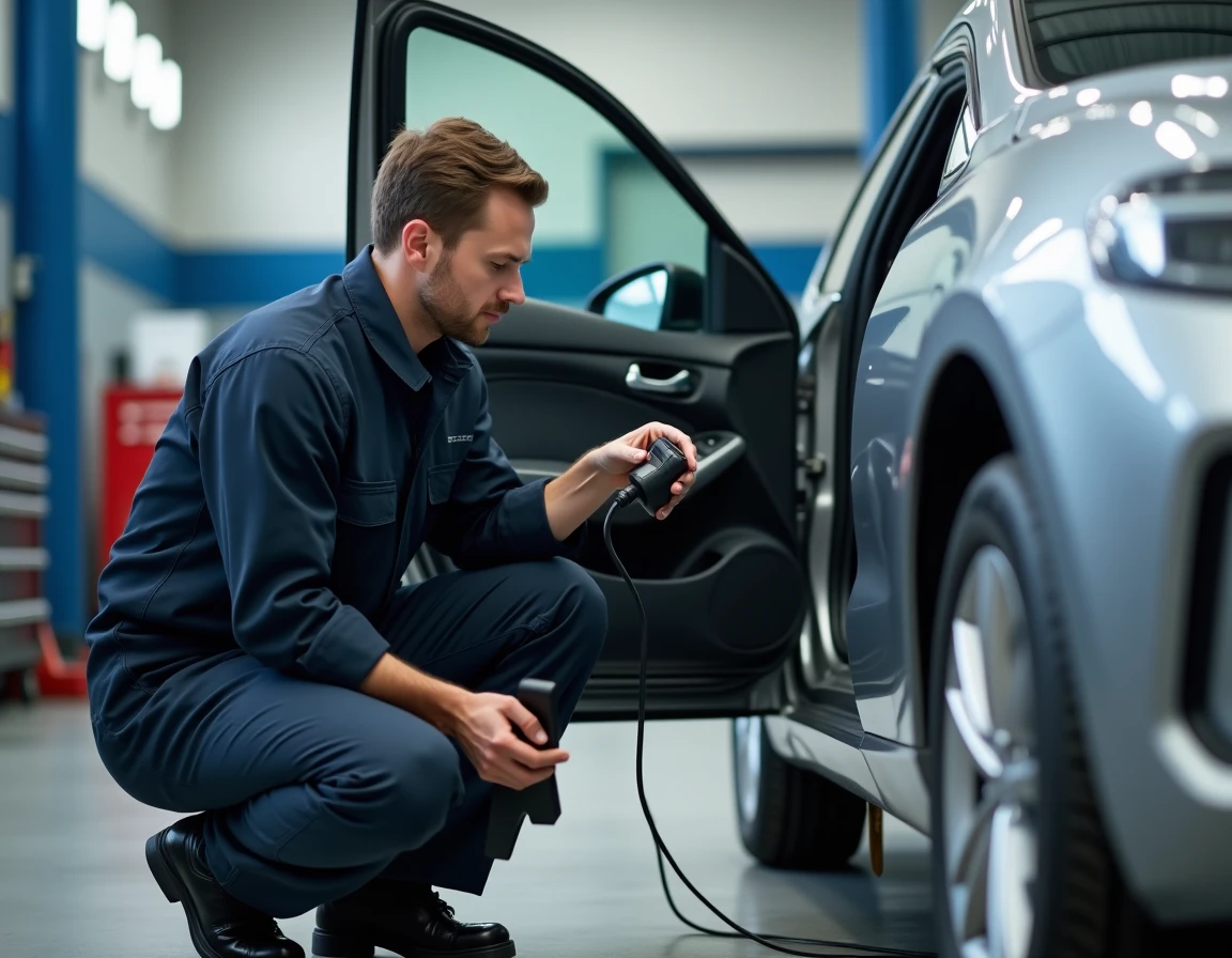 Technicien automobile branchant un lecteur de code OBD-II sous le tableau de bord d'un véhicule en atelier