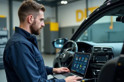 Technicien automobile connectant un ordinateur de diagnostic New Dialogys sur une Renault récente dans un atelier professionnel