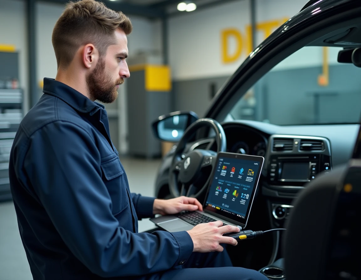 Technicien automobile connectant un ordinateur de diagnostic New Dialogys sur une Renault récente dans un atelier professionnel