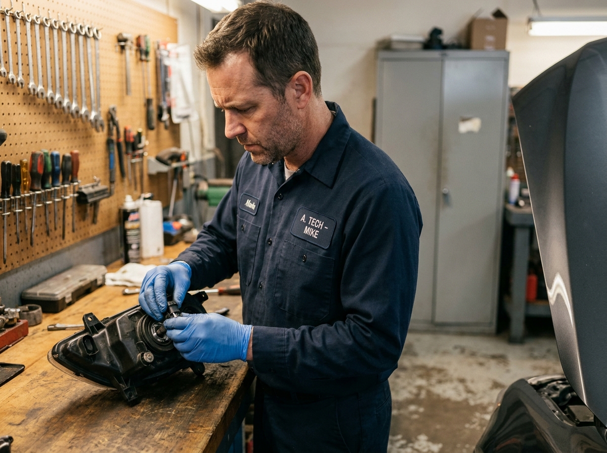 Technicien automobile inspectant un phare avant halogène sur un établi de garage