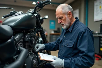 Mécanicien moto homme inspectant une roue dans un garage