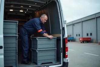 Technicien en overalls organise des bacs de rangement dans un van
