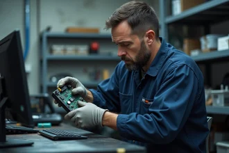 Technicien automobile tenant un boîtier DME de BMW pour reconditionnement dans un atelier professionnel