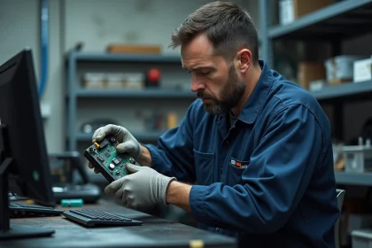 Technicien automobile tenant un boîtier DME de BMW pour reconditionnement dans un atelier professionnel