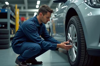 Technicien automobile examinant les dimensions marquées sur un pneu monté dans un atelier de garage professionnel