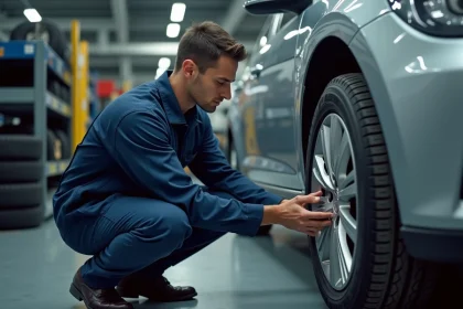 Technicien automobile examinant les dimensions marquées sur un pneu monté dans un atelier de garage professionnel