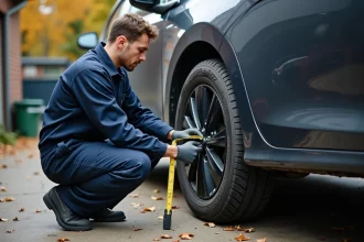 Jeune technicien automobile vérifiant un gros pneu extérieur