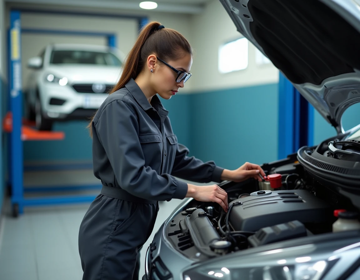 Technicienne effectuant l'entretien d'un véhicule dans l'atelier de service Autopolis au Luxembourg