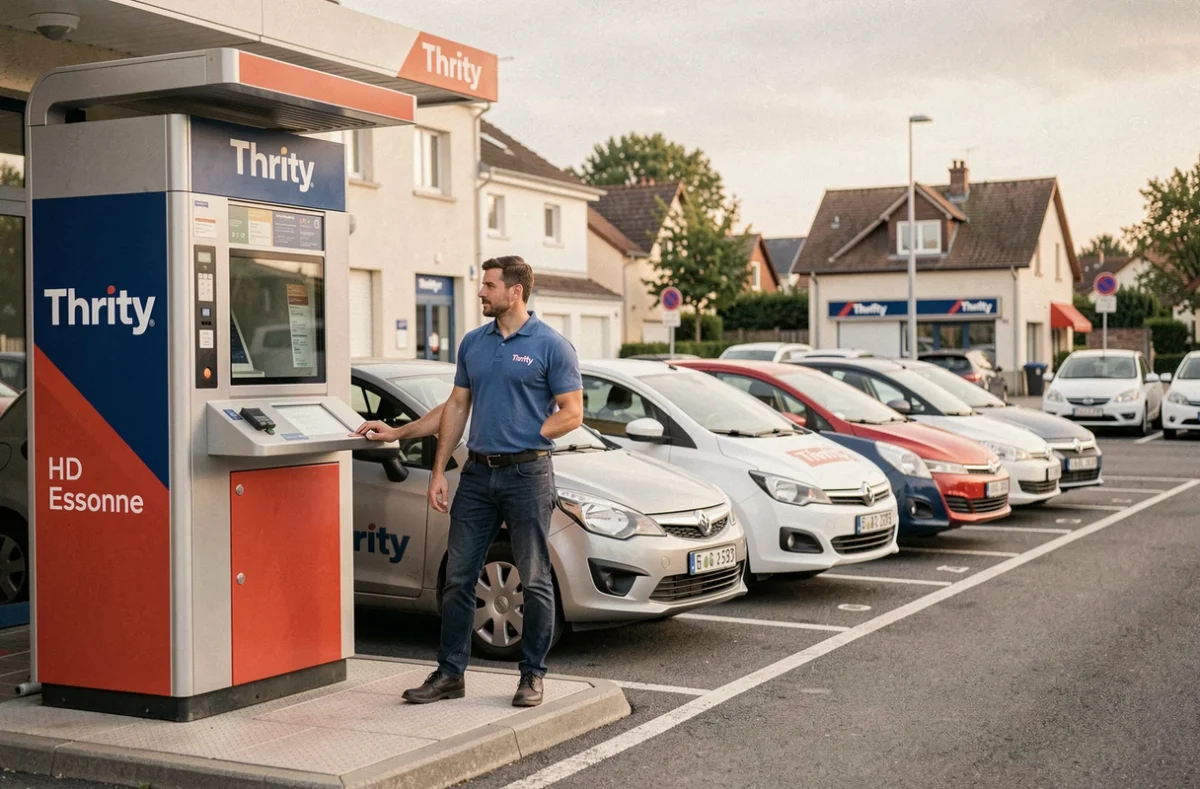 Agent Thrifty Essonne supervisant une flotte de voitures économiques dans le parking de l'agence