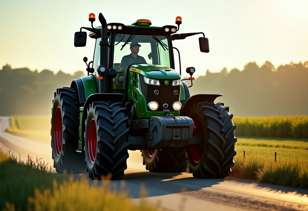 Tracteur B en action sur une route rurale en plein jour