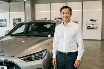Vendeur automobile présentant un SUV électrique de marque chinoise dans une concession moderne en France