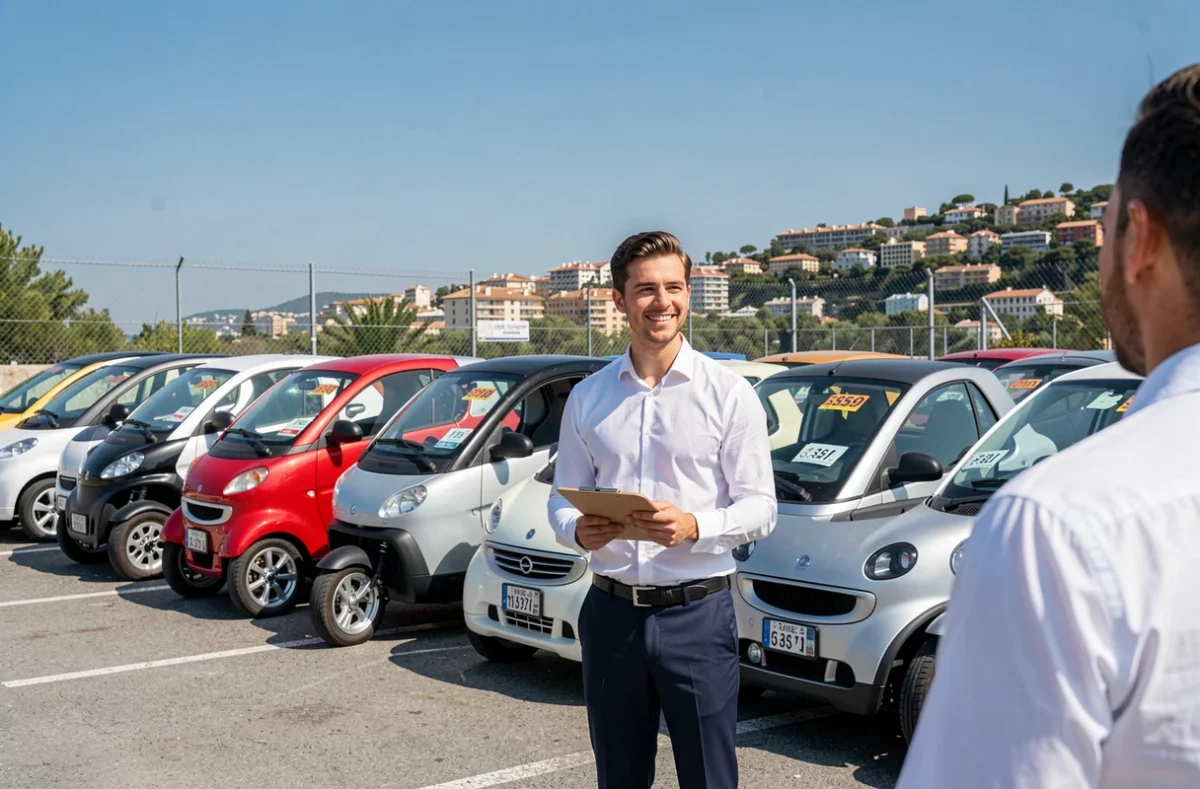 Vendeur présentant des voitures sans permis d'occasion dans un parking de concessionnaire à Nice