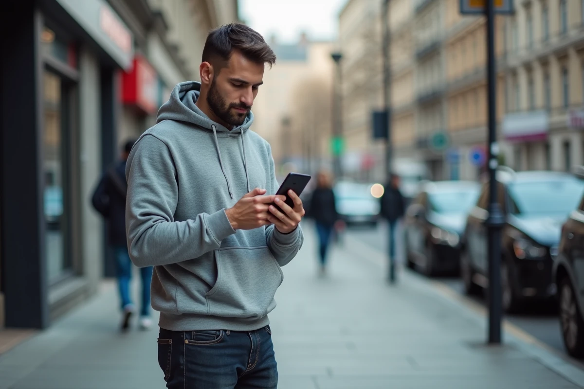 Homme vérifiant ses résultats d'examen de permis de conduire sur son smartphone dans la rue en ville