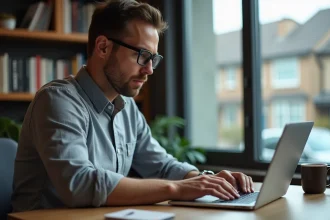 Homme consultant un rapport d'historique de véhicule sur laptop via carVertical dans un bureau moderne