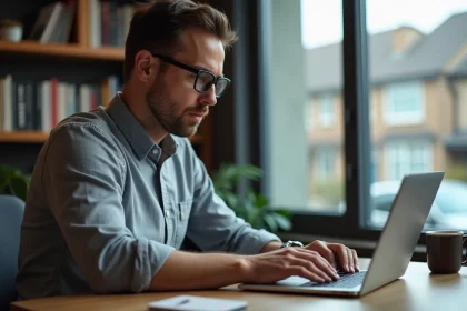 Homme consultant un rapport d'historique de véhicule sur laptop via carVertical dans un bureau moderne