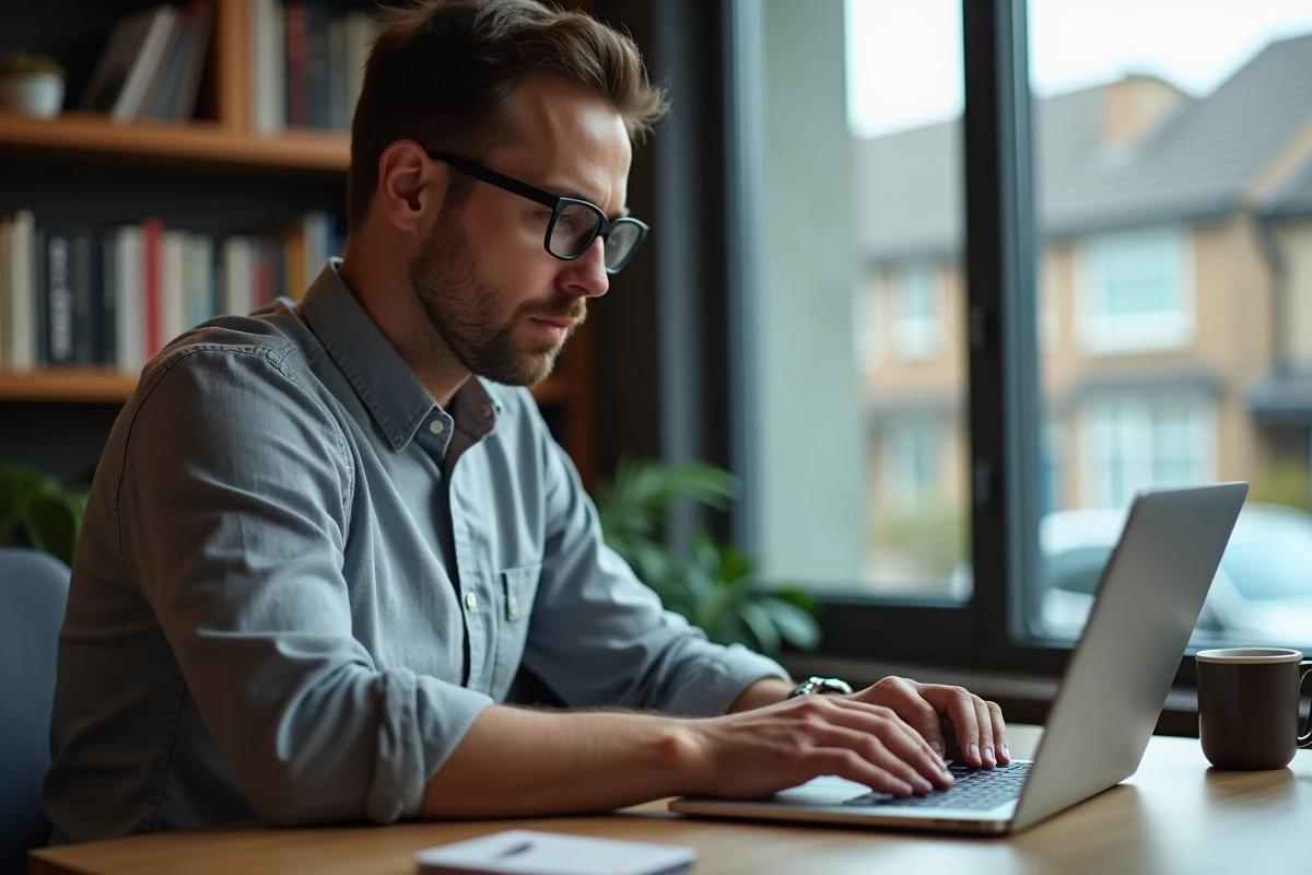 Homme consultant un rapport d'historique de véhicule sur laptop via carVertical dans un bureau moderne