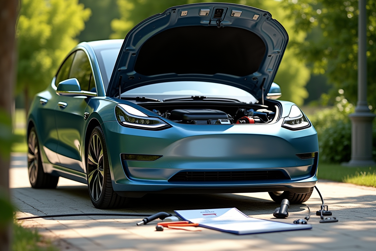 Voiture électrique en charge sur une allée ensoleillée avec outils à proximité