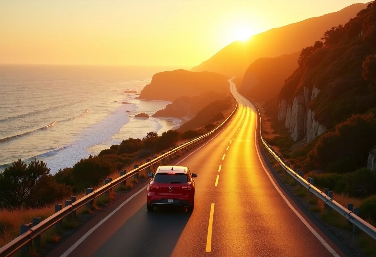 Voiture familiale rouge roulant sur une route côtière en Australie