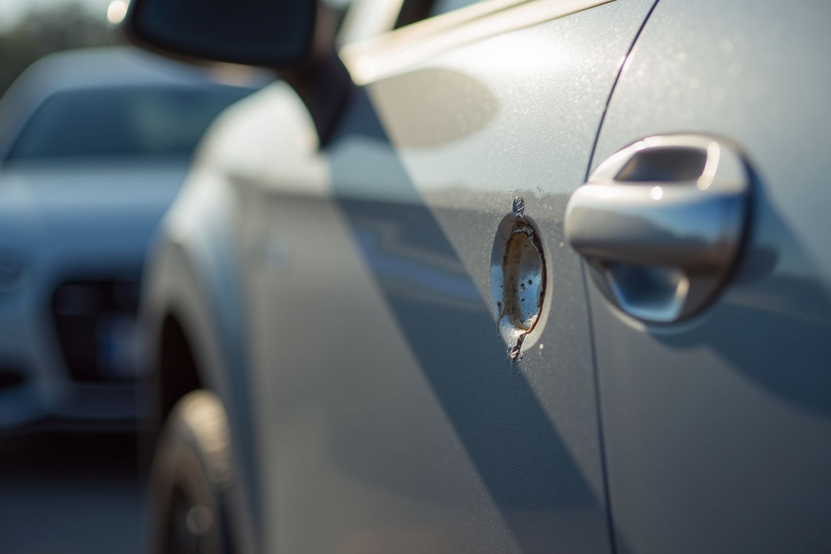 Panneau de voiture repeint en plein soleil avec reflet