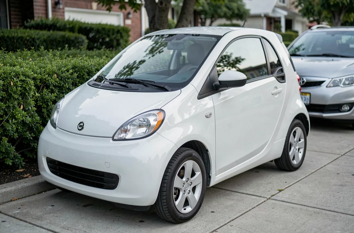 Voiture sans permis blanche vue de face dans un quartier résidentiel