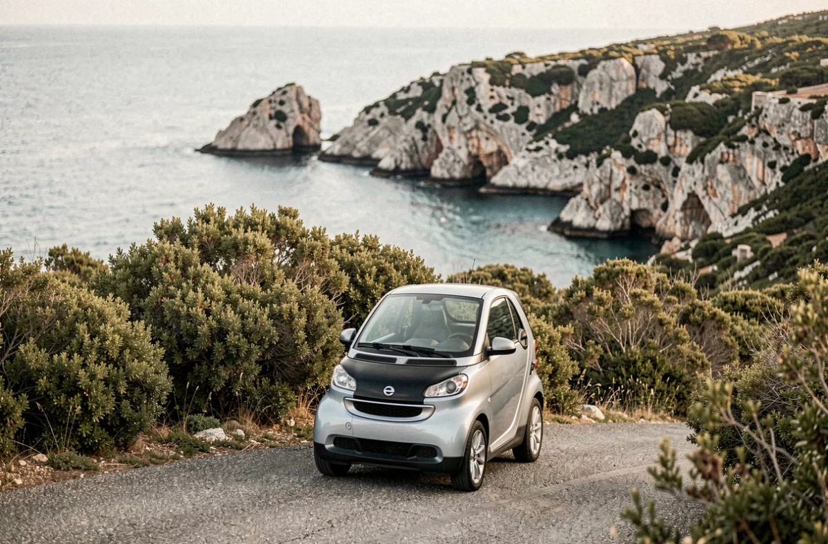 Petite voiture sans permis garée sur une route côtière de Corse avec vue sur une crique méditerranéenne turquoise