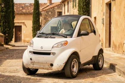 Petite voiture sans permis d'occasion garée dans une rue pavée du Languedoc-Roussillon, architecture méditerranéenne en arrière-plan