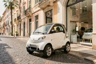Voiture sans permis blanche garée devant une concession automobile à Nice avec des façades méditerranéennes en arrière-plan